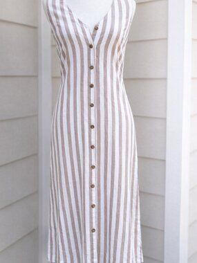 Striped Linen Blend Dress Button‑Down Midi Coastal Boho Beachy Neutral